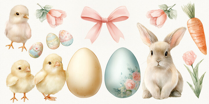 Cute Easter decorations with chicks, eggs, and bunny on pastel background  