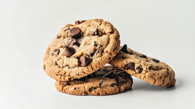 A stack of delicious chocolate chip cookies with a white background.