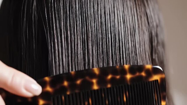Comb Gliding Through Wet Brown Hair Close Up of Tortoiseshell Comb Combing Wet Hair in Slow Motion Creating Shine and