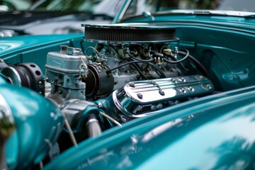 Obraz premium Powerful engine showing its chrome and wires in a turquoise vintage car