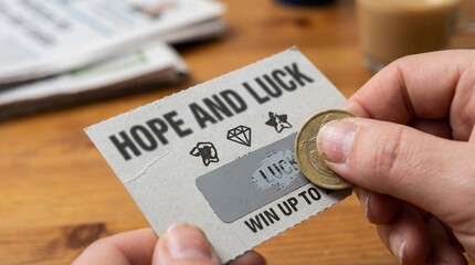 Hand holding a lottery ticket with coin near scratch-off section on wooden table with newspapers