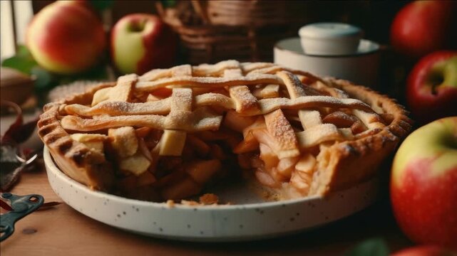 A delicious and freshly baked apple pie sits on a rustic wooden table, golden-brown crust and filling visible, accompanied by a side of fresh apples, evoking a sense of home baking.