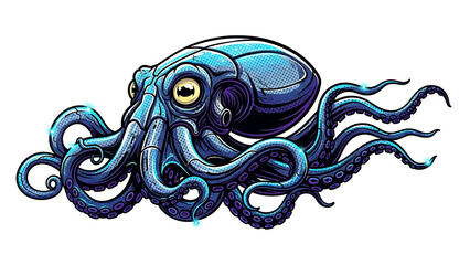 Futuristic blue octopus with glowing eye isolated on a transparent background