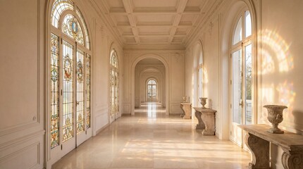 Luxury Mansion Interior with Sunlit Enfilade and Stained Glass Doors