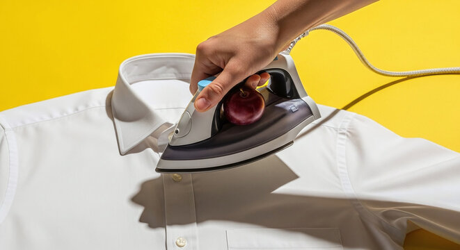 A conceptual image of a hand ironing a white shirt with a fruit under the handle