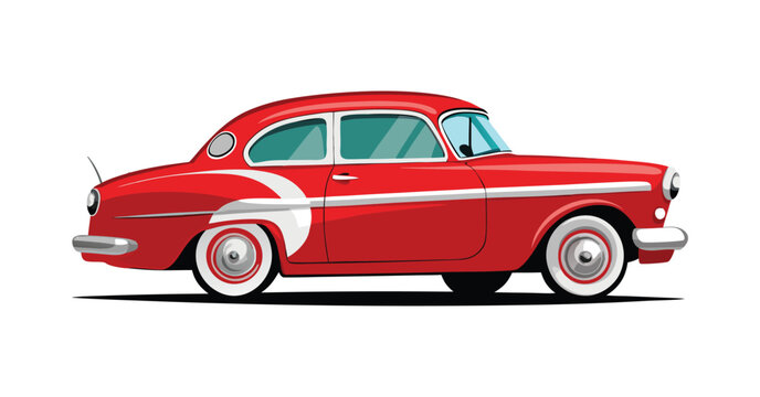 A charming bright red classic sedan car with white accents, presented as a vintage-style cartoon illustration.
