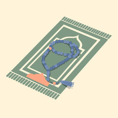 Hands praying on a green Islamic prayer mat with rosary.