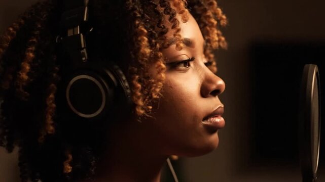 Talented Black Female Singer Recording Vocals in Professional Music Studio - Artistic Expression and Audio Production Concept.