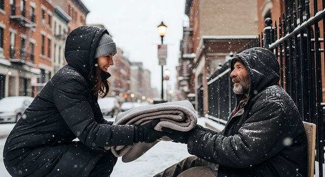 Compassionate volunteer offering warm woolen blanket to homeless person on cold snowy urban street during winter social service charity act showing kindness and humanitarian support in city