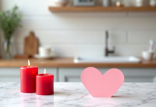 Marble table top, living room at background. Concept for Christmas, Valentine's Day, Mother's Day Women's Day flat lay, copy space, place for text.