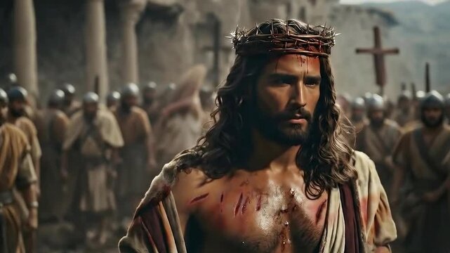 Jesus Christ tortured and beaten by Roman soldiers. Religious biblical scene concept.