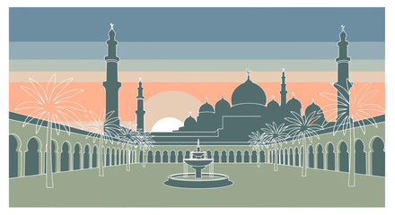 A serene mosque with minarets and a large dome at sunset. © priyo