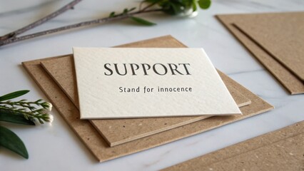 Naklejka premium Elegant stationery on marble surface with support message, promoting innocence, kindness, and compassion in life’s journey