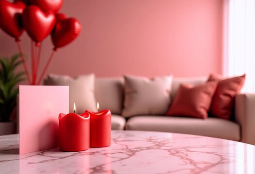Marble table top, living room at background. Concept for Christmas, Valentine's Day, Mother's Day Women's Day flat lay, copy space, place for text.