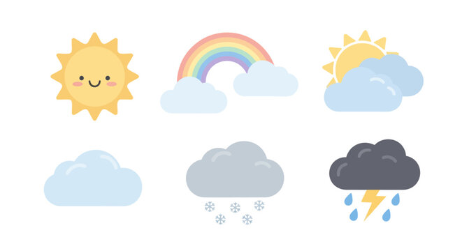 Set of colorful weather icons including sun, rainbow, clouds, rain, and thunderstorm.