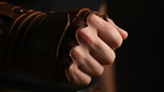 Close-up view of a clenched fist with a leather bracer against a dark background, showing strength.