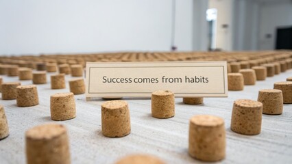 Inspirational message on a sign among corks representing the importance of habits for achieving success in life