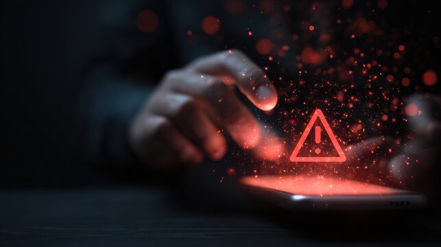 Hand interacting with smartphone showing warning notifications, conceptual cybersecurity, data privacy, and security breach visualization.