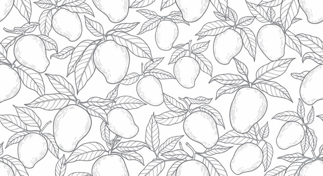 Seamless Mango Pattern: Hand-Drawn Sketch of Tropical Fruit and Leaves