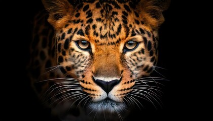Obraz premium Intense Leopard Portrait - Captivating Gaze in the Darkness.