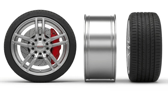 Car wheel and tire components isolated on white background.
