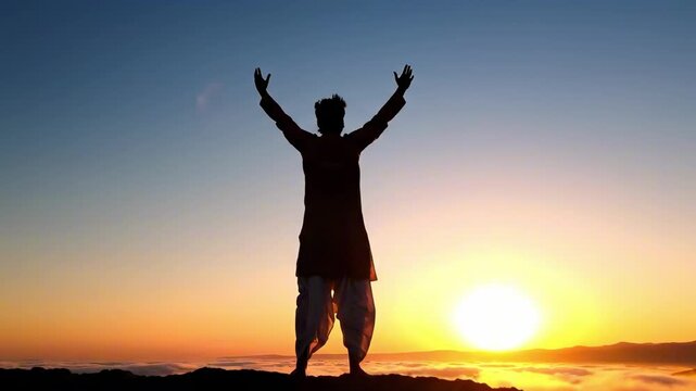 A silhouetted figure stands triumphantly on a hilltop, arms outstretched towards the vibrant sunset, embodying a sense of freedom and celebration against a serene sky