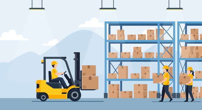 Warehouse workers operating forklift and handling boxes on shelving units.