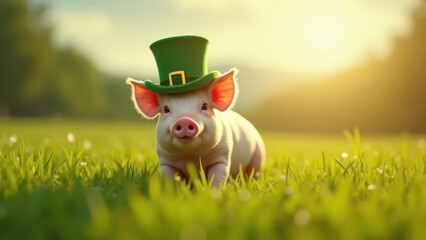 Pig wearing green leprechaun hat in grass field, clover shamrock spring meadow sunny, concept of St Patricks day