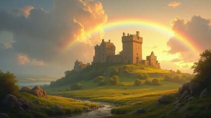 Obraz premium Rainbow arching over Irish castle ruins, pot of gold beneath, lush landscape, soft sunset glow, fantasy art