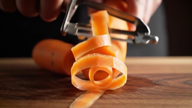 Close-up of hands peeling a fresh carrot with a vegetable peeler on a wooden cutting board.