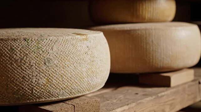 Artisanal Cheese Wheels Aging on Traditional Wooden Shelves Inside a Dark Temperature Controlled Cellar for Gourmet Food Production and Quality Control.