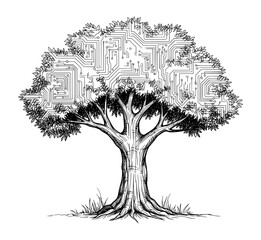 Fototapeta premium Circuit Board Tree Black and White Engraving Style Vector Line Art