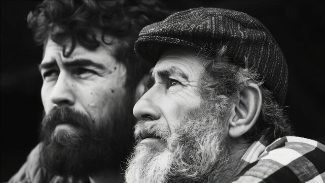 An elderly man looks into a younger person's eyes, creating a poignant moment of intergenerational connection.