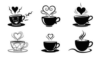 Fototapeta premium Set of six black and white outline illustrations featuring steaming coffee cups with heart shapes, perfect for coffee shop decor or morning beverage designs