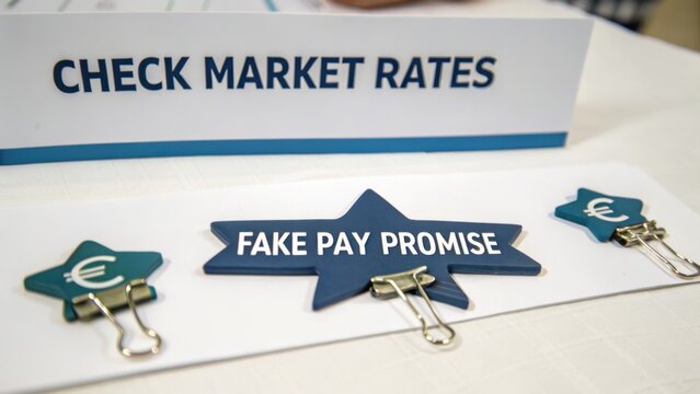 Informative Display with Market Rate Check and Fake Pay Promise at Finance Event for Business Professionals