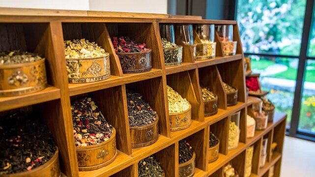 Various types of dried tea leaves and flowers displayed in wooden boxes on shelves, close-up.