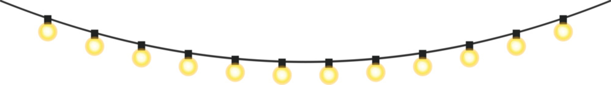 Glowing string lights decoration graphic for celebration and festive events isolated on transparent background