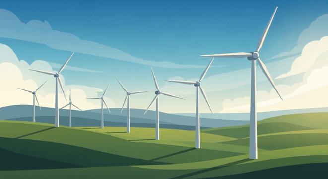 Wind Turbines Generating Clean Energy on a Green Grassy Field under a Blue Sky with Clouds