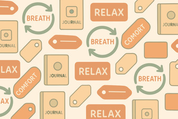 Words and symbols related to relaxation and mindfulness appear on a light background featuring tags and a journal