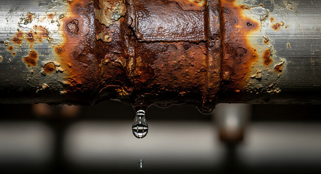 Industrial rusty iron pipe with corroded joint dripping clear water droplet representing plumbing failure damage and urgent infrastructure maintenance leak detection system inspection.