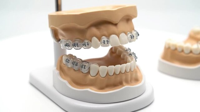 Professional Dental Model Showing Clear Ceramic Braces for Orthodontic Treatment - Healthcare and Cosmetic Dentistry Concept.