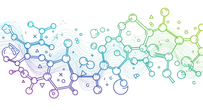 Abstract colorful chemical molecular structure illustration on isolated white background, representing science and innovation.