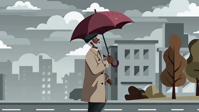 Older Black man walks with red umbrella on rainy city street