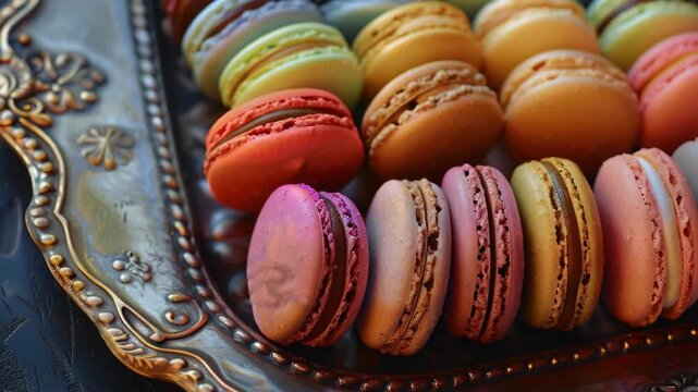 A selection of vibrant macarons displayed in an ornate gold plate.