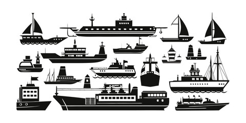 Naklejka premium A detailed collection of various ship and boat silhouettes representing different types of sea vessels. 