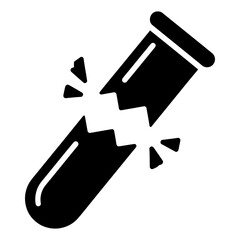 Broken test tube icon depicting a snapped glass laboratory flask with jagged edges and debris, symbolizing a failed experiment or scientific error in a bold black glyph style vector design
