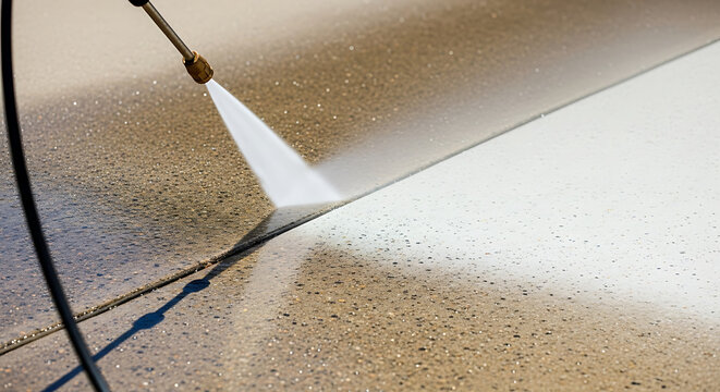 High-pressure power washer nozzle spraying heavy water jet to clean a dirty concrete driveway surface removing mud and grime with professional maintenance hose equipment and industrial tool.