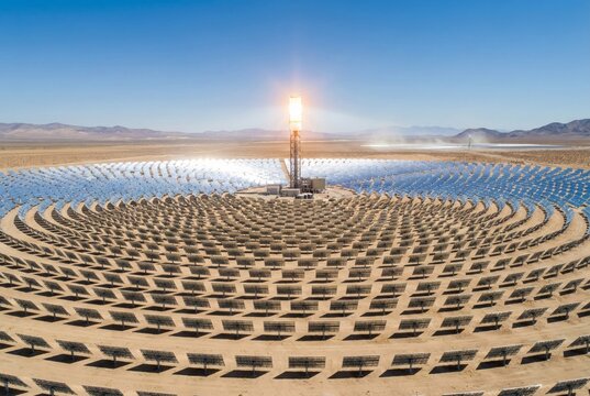 Concentrated solar power plant with glowing central tower and heliostat mirror field