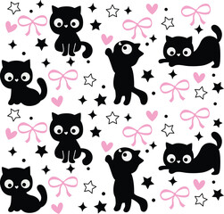 Fototapeta premium Cats Bow and heart Pattern Seamless vector design