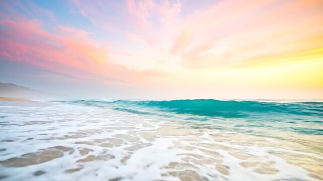 Beautiful coastal scenery with golden sand, turquoise water, and a colorful sky at sunset.